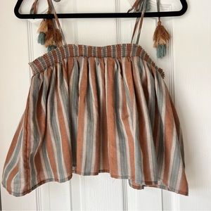 Vestique Shoulder Tie Flowy Crop with Tassels